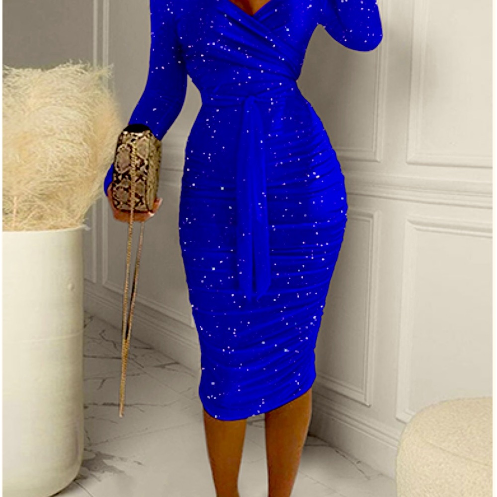 Multiple Royal Blue W/ Sparkle & Waist Tie Strapless 3/4 Sleeve Dress - Picture 1 of 2